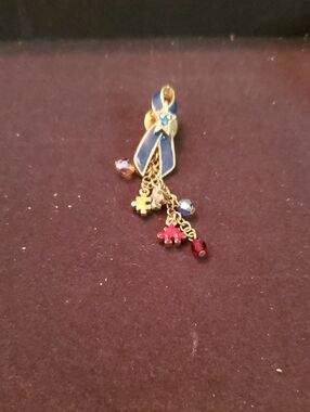 Kirks Folly Gold-Tone Blue Ribbon Autisum.Dangle Brooch with Multicolor Charms